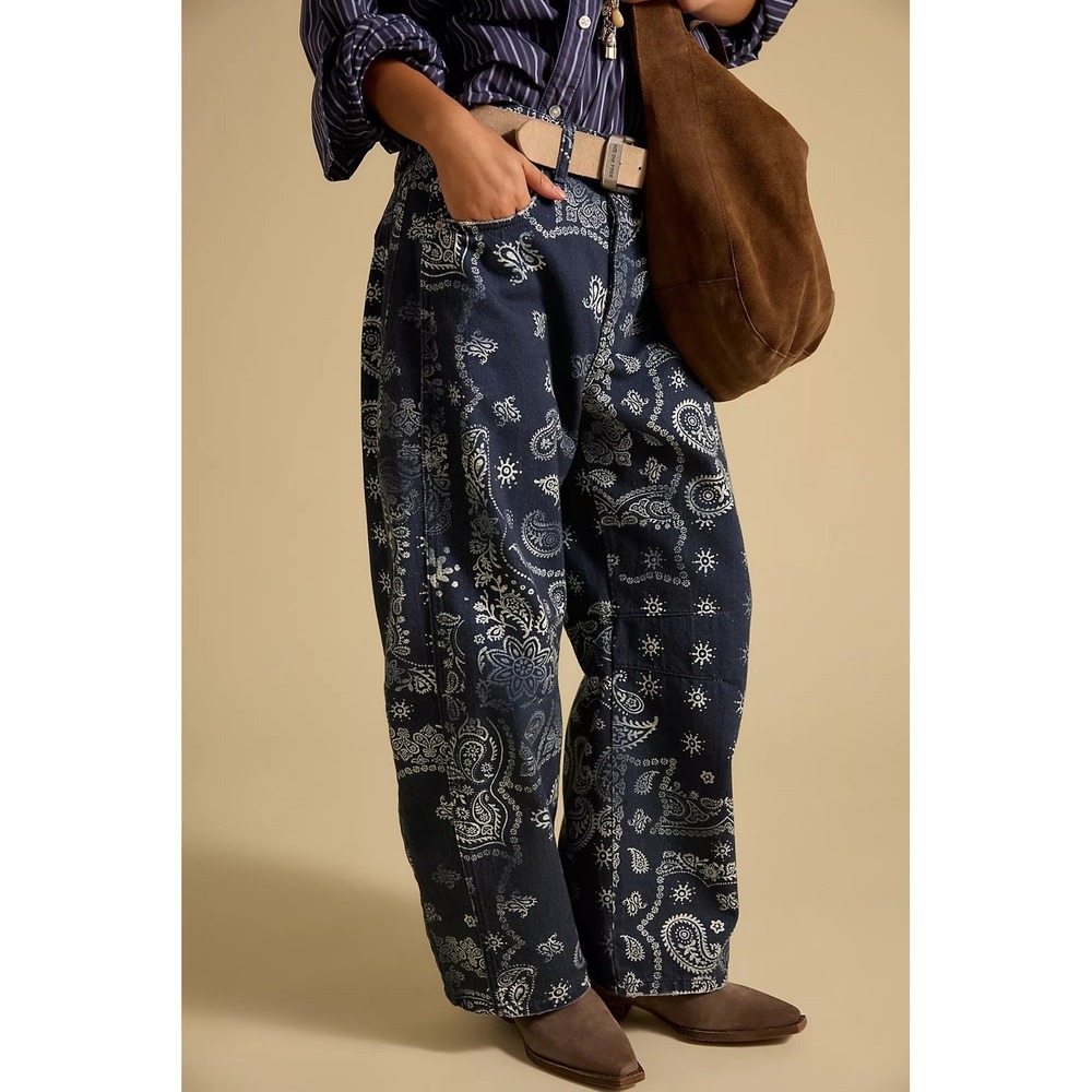 Free People We The Free Good Luck Printed Barrel Jeans Paisley Bandana 28 NWT